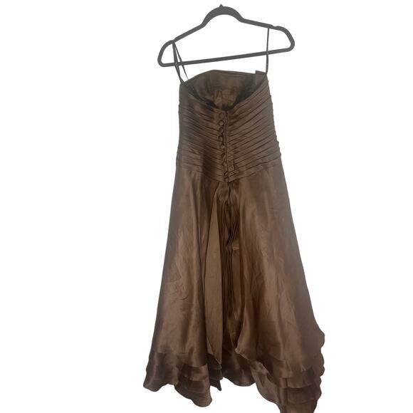 Women's Brown Silk Strapless A-Line Dress Size 6 Elegant Formal Gown Layered Hem - Picture 7 of 12